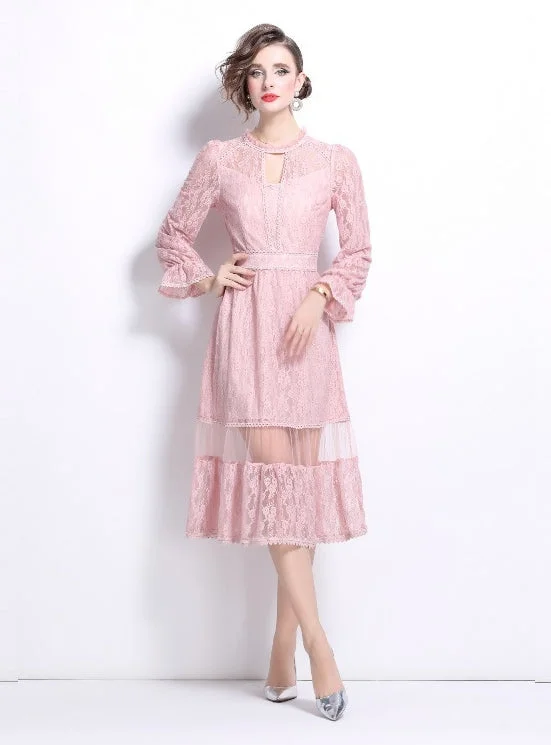 Pink Long-sleeved Stitching Lace Dress Full Maxi Skirt