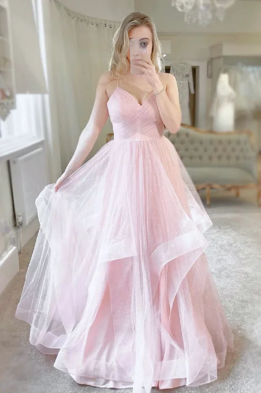 Pink Tulle Long A-Line Prom Dress Pink V-Neck Graduation Dress Midi Maxi Outfit