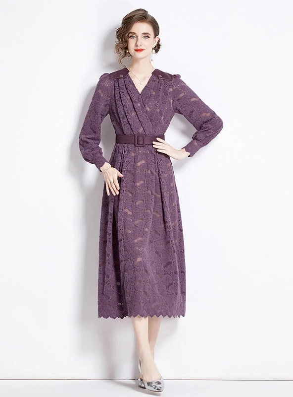 Purple Long Sleeve V-neck Lace Dress Soft Maxi Skirt