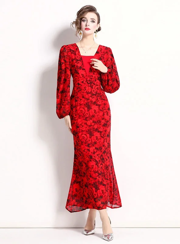 Red Long Sleeve Print Dress Maxi Skirt Collection