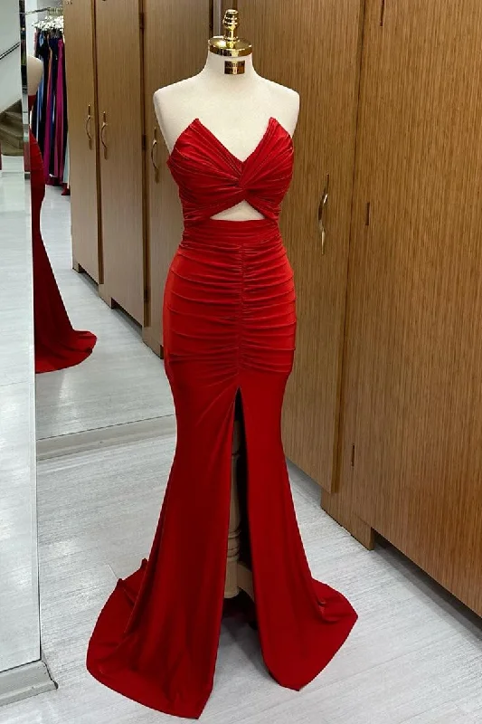 Red Strapless Twisted Knot Mermaid Long Formal Dress with Slit Maxi Skirt Classic