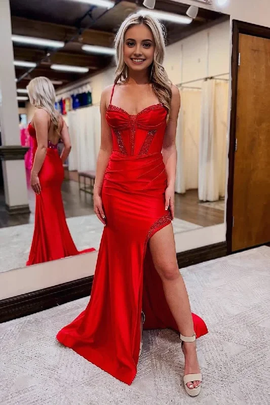 Red Sweetheart Satin Mermaid Long Prom Dresses with Beading Satin Maxi Skirt