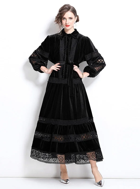 Retro Lace Velvet Long Sleeve Dress Maxi Skirt Outfit