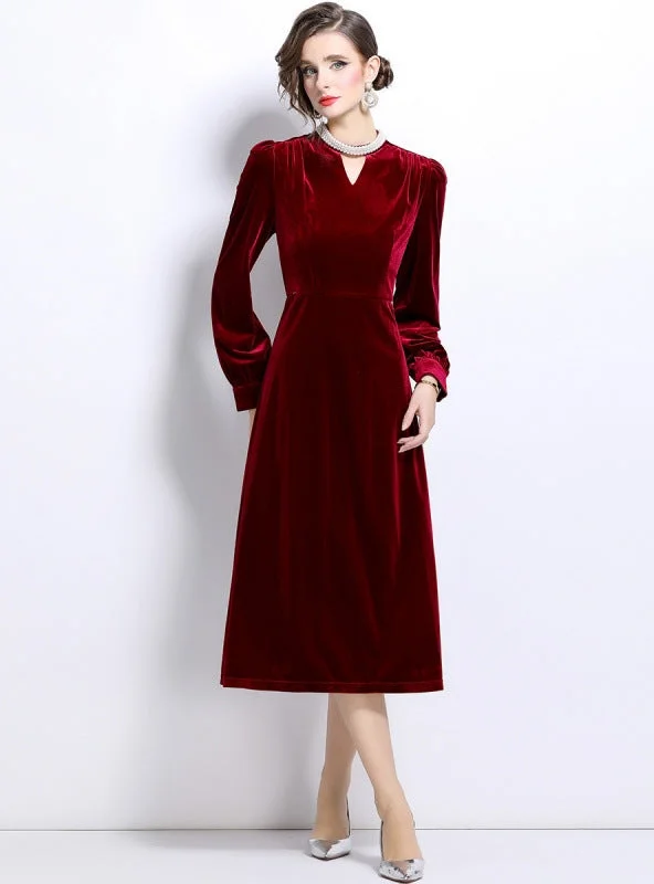 Retro Long Sleeve V-neck Velvet Dress Front Pocket Maxi