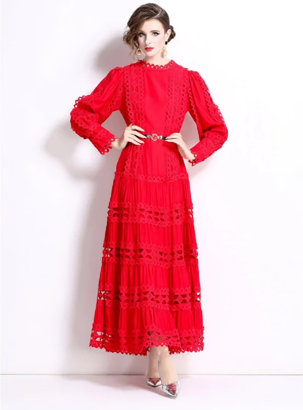 Round Neck Lantern Sleeve Long Lace Dress Soft Maxi Dress