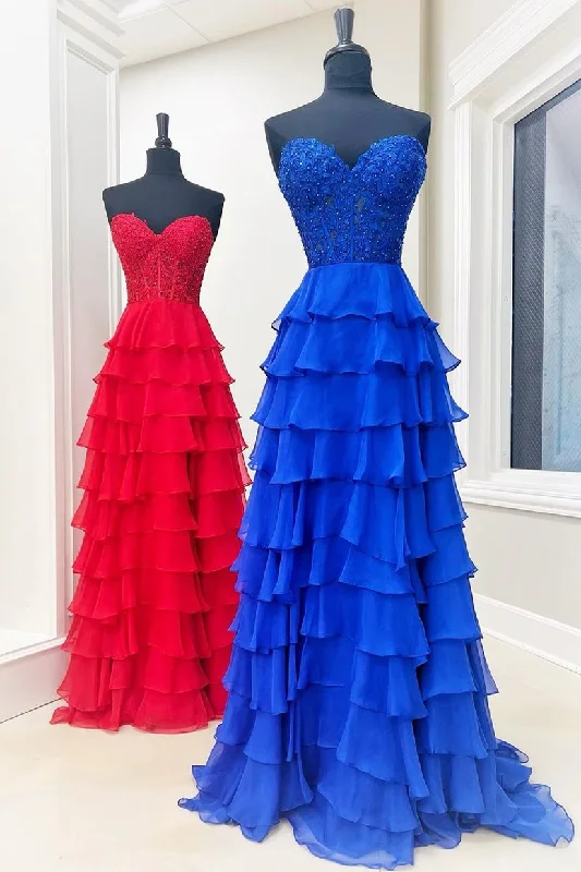 Royal Blue Chiffon Sweetheart Ruffle Tiered Long Prom Dress Boho Maxi Skirt