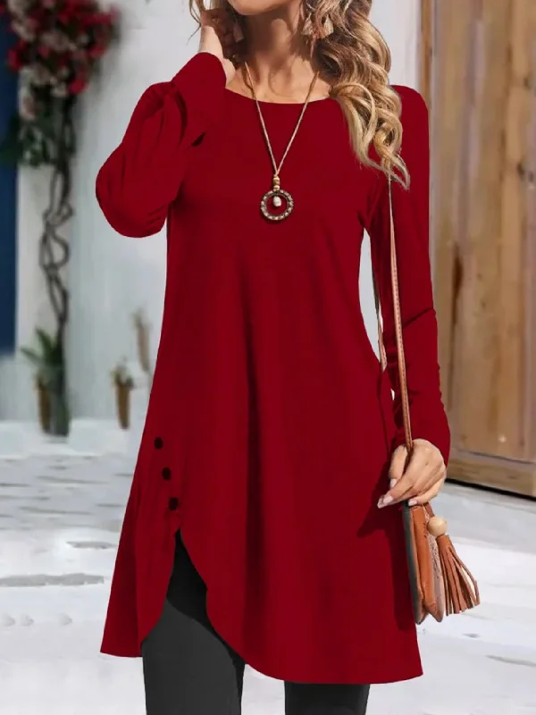 Solid Color Crew Neck, Casual Long Sleeve Asymmetric Hem Dress Pleated Floral Maxi