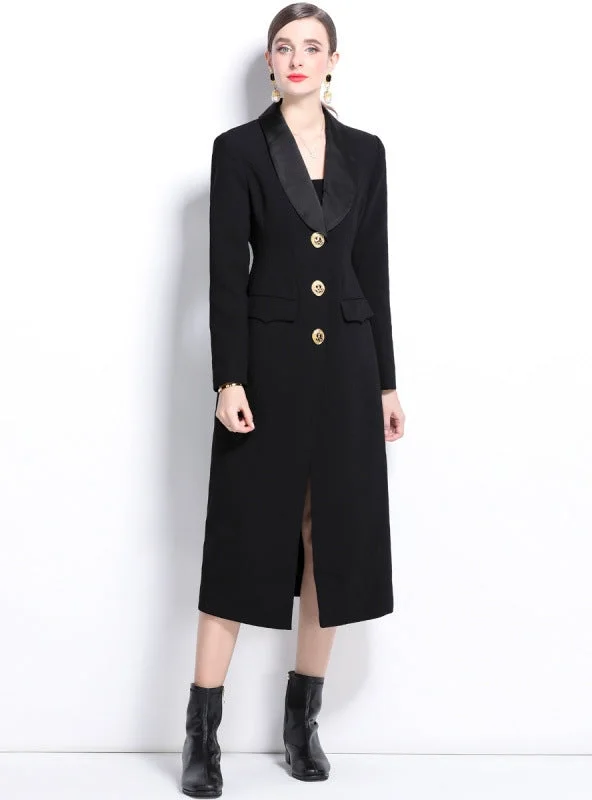 Suit Collar Double-breasted Button Long Coat Dress Embroidered Maxi Skirt