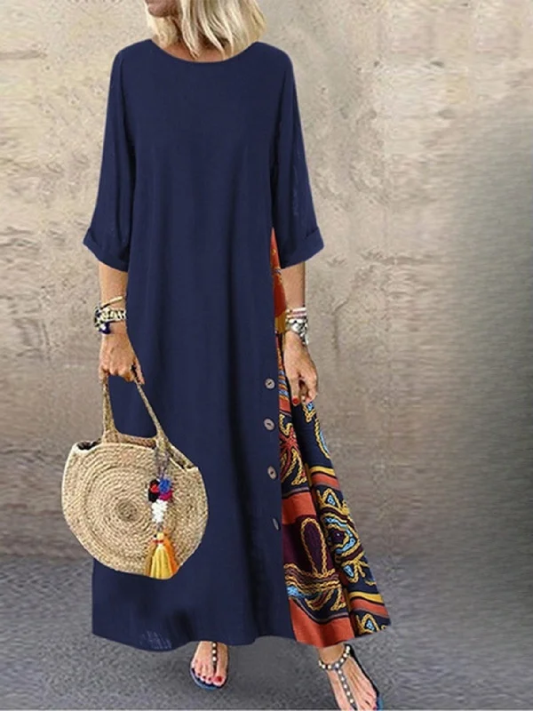 Tribal Print Crew Neck Panel Dress, Casual Long Sleeve Loose Maxi Dress Maxi Skirt Collection