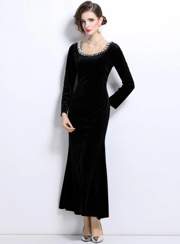 Velvet Retro Black Slim Long Sleeve Dress High-Low Maxi Skirt