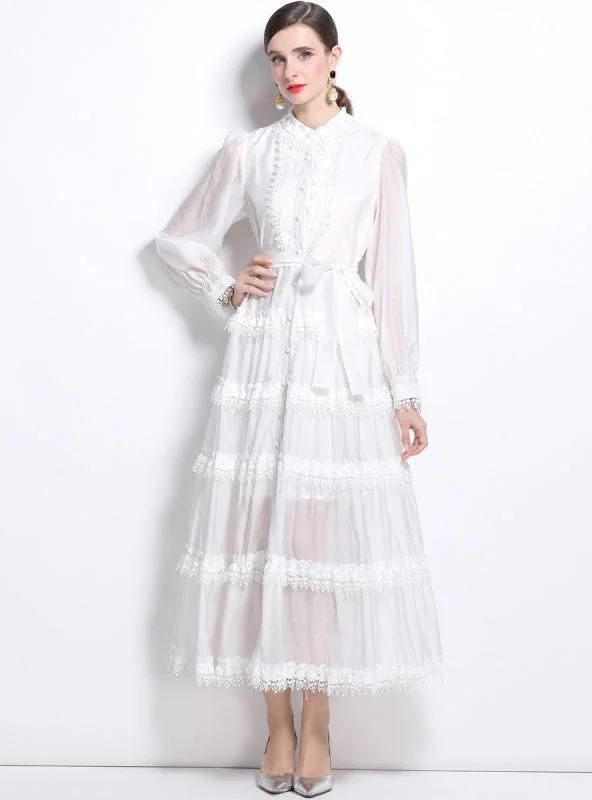 Women Lace Long Sleeve Button Dress Maxi Skirt Trend