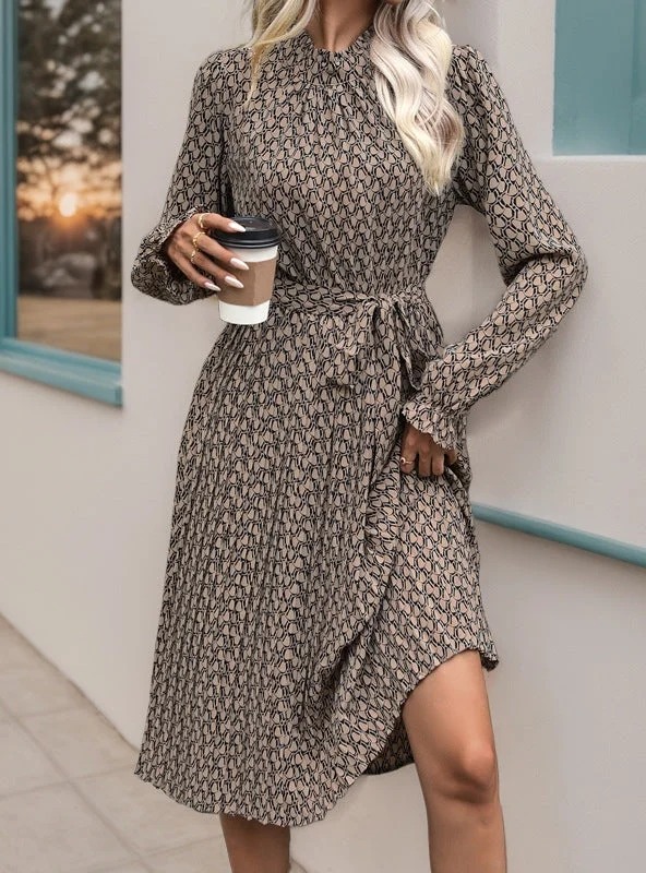 Women Long Sleeve Geometric Print Dress Summer Beach Maxi