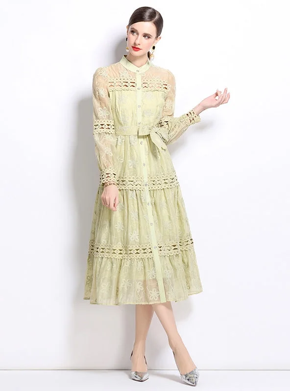 Women Long Sleeve Lace Dress Sexy Long Skirt