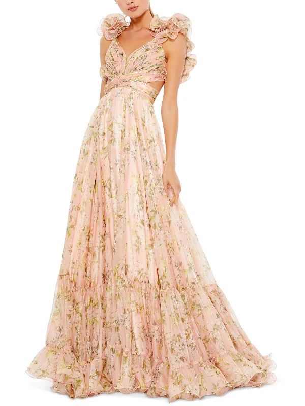 Womens Chiffon Floral Maxi Dress Soft Pleated Maxi