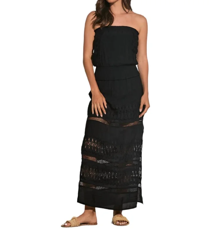 Wymara Crochet Strapless Maxi Dress In Black Soft Pleated Maxi