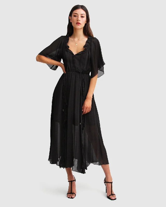 Amour Amour Ruffled Midi Dress - Black Ruffled Skirt Midi