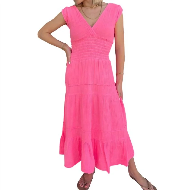 Smocked Midi Dress In Hot Pink Midi Skirt Trend