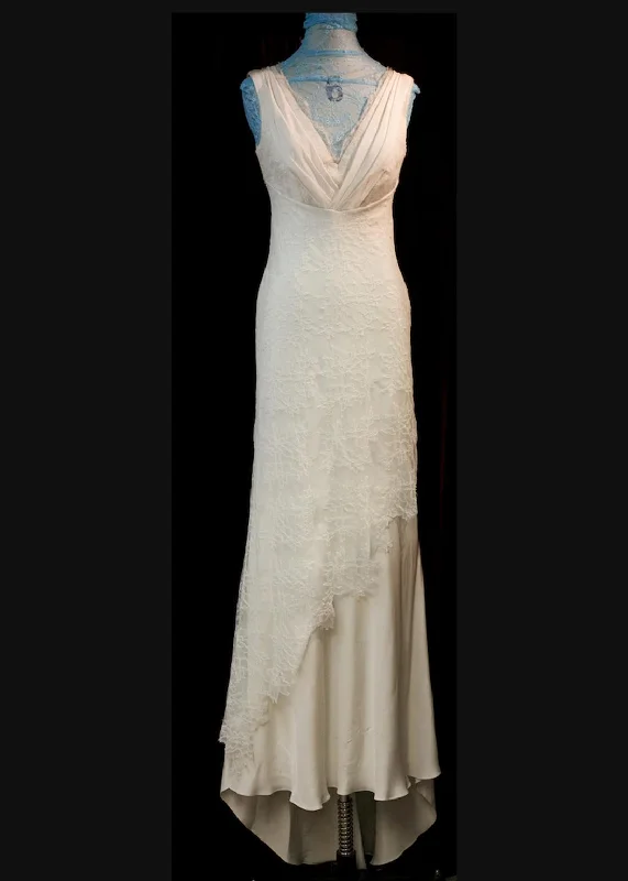 David Fielden V-neck crepe gown with chantilly lace Lace Dress Layers