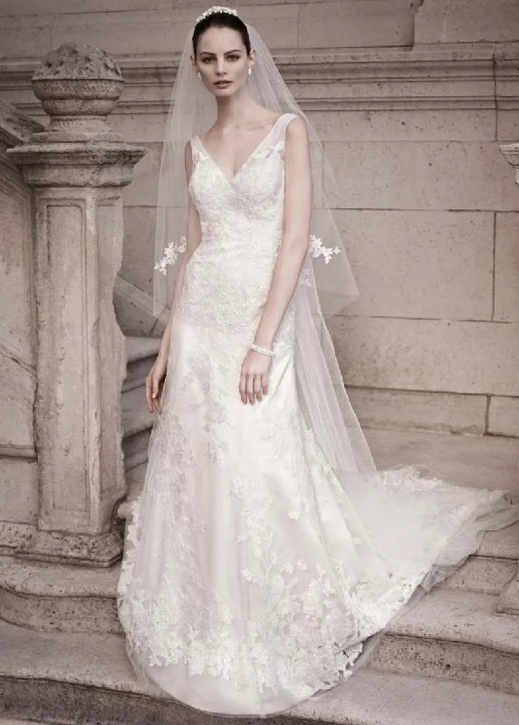 Oleg Cassini A-line Gown with Illusion Straps and Beaded Lace Ruffled Lace Gown