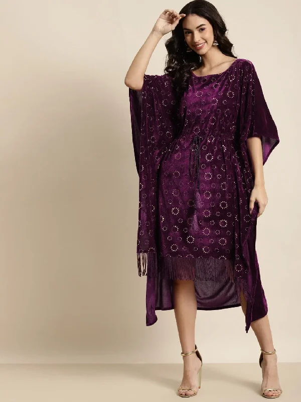 Purple Velvet Foil Print Fringe Lace Kaftan Dress Lace Dress Day