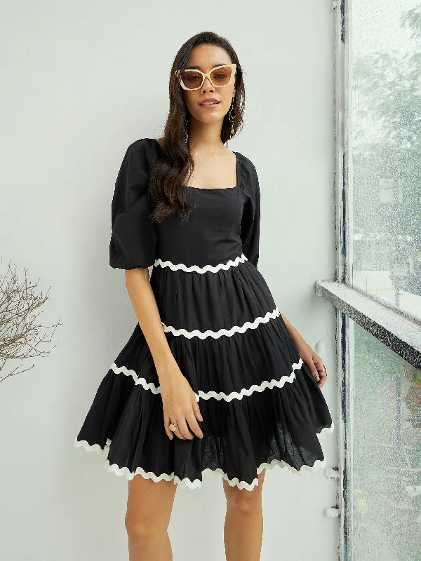 Women Black Ric Rac Lace Flared Above Knee Dress Lace Dress Glam